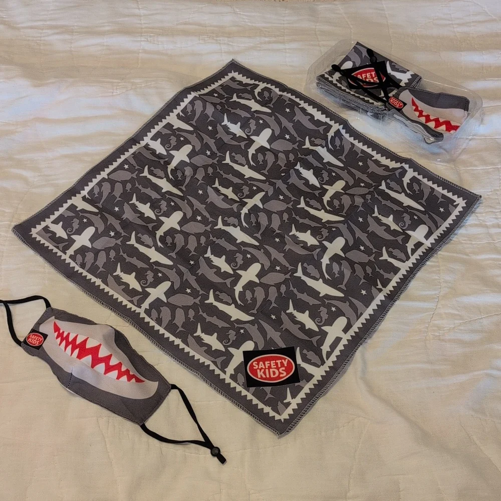 (2) Safety Kids Sets: Shark Print Bandanas and Mask Sets